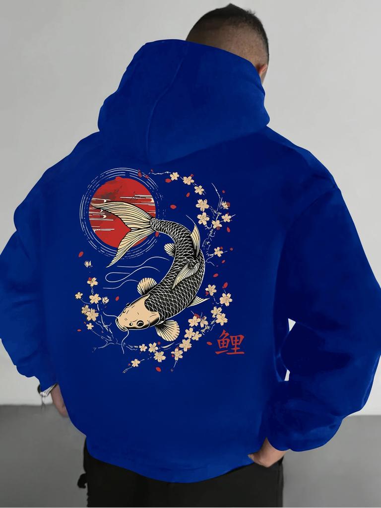 Men's Autumn/Winter Koi Pattern Hoodie Casual Long-Sleeved Pullover Sweatshirt Street Style Top