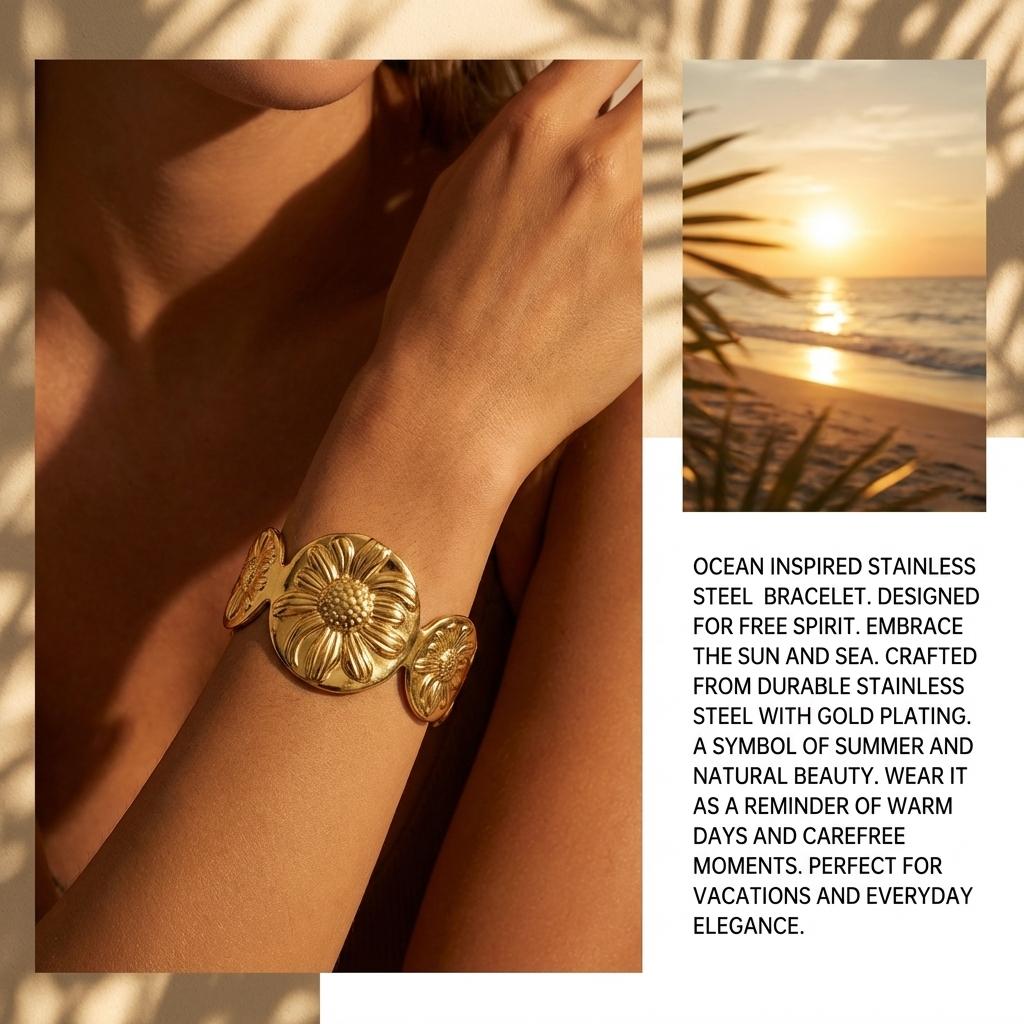 Vintage Sunflower Stainless Steel Bangle For Women Textured Floral Style Waterproof Metal Bracelet