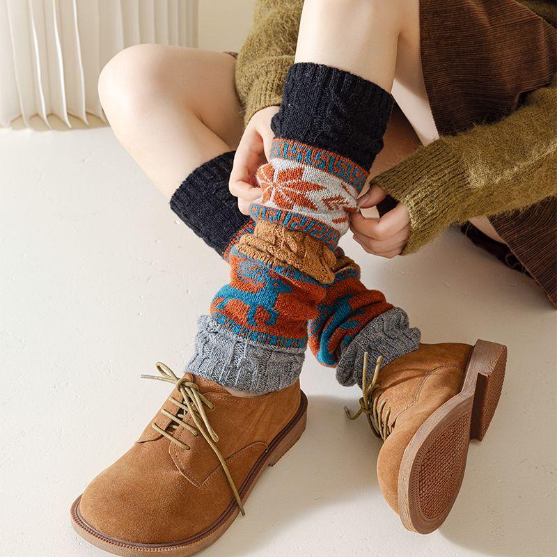 Wool Leg Warmer Socks Twisted Pattern Autumn Winter Deer Snowflake Slouchy Calf Knitted Warm Knee Protector Over-the-knee Socks