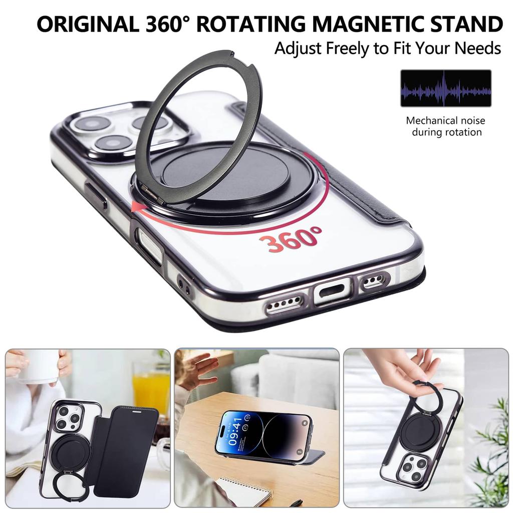 For iPhone 16e 16 15 14 13 12 Pro Max 16 Plus Ring Stand Case Compatible with Magnetic Slim Fit Flip Wallet Case with Card Slot