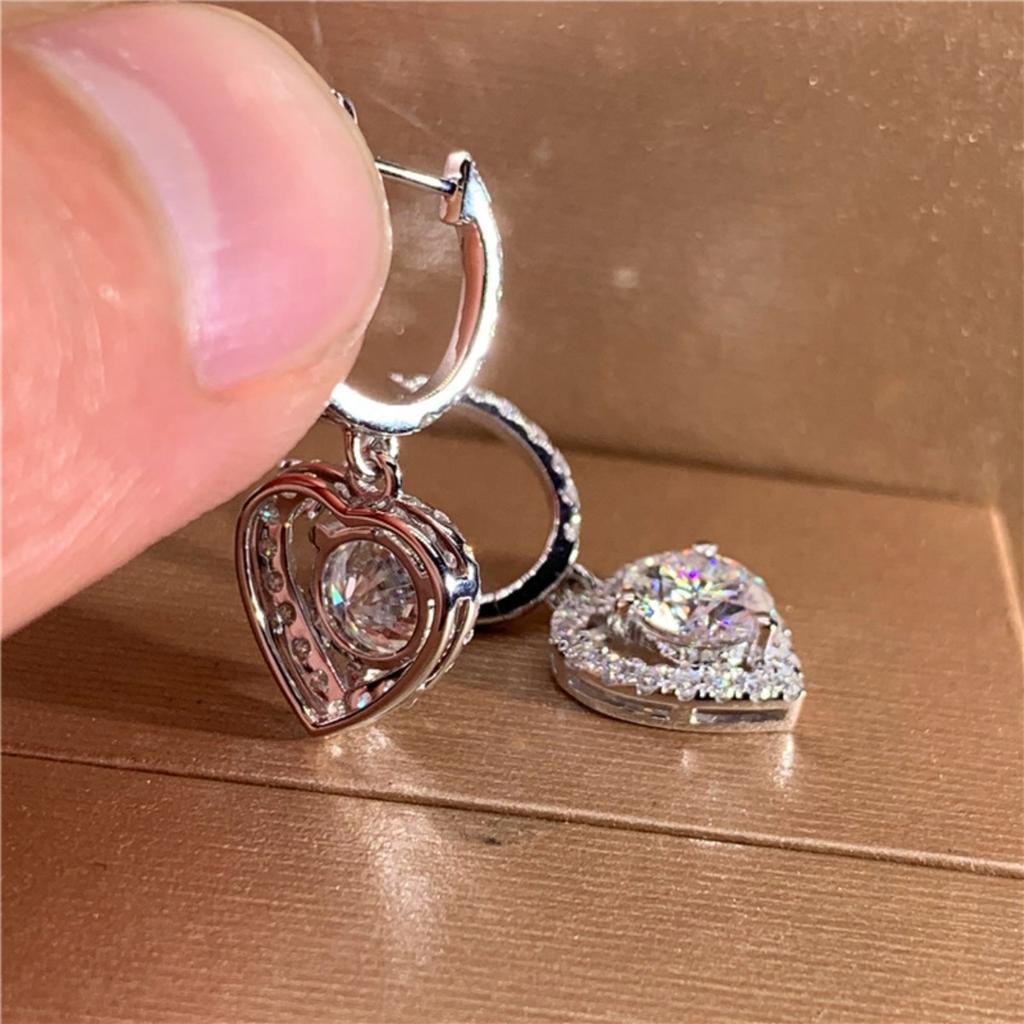 Hollow Heart Halo Round Center Stone Dangle Leverback Earrings Women Drop Ear Jewelry