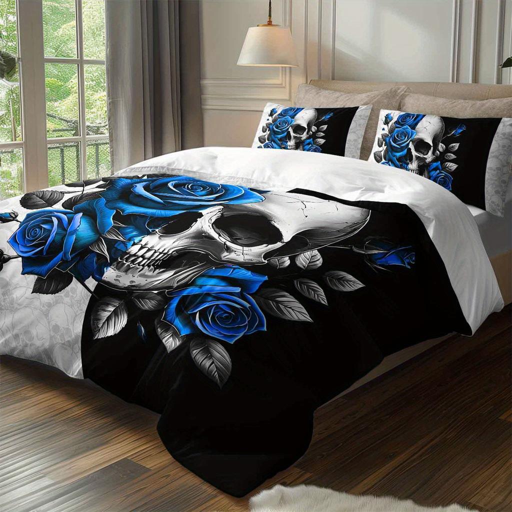 Set Of 3Pcs Featuring Blue Roses And Skulls This Gothic Bedding Ensemble Includes A Duvet Cover And Two Pillowcases