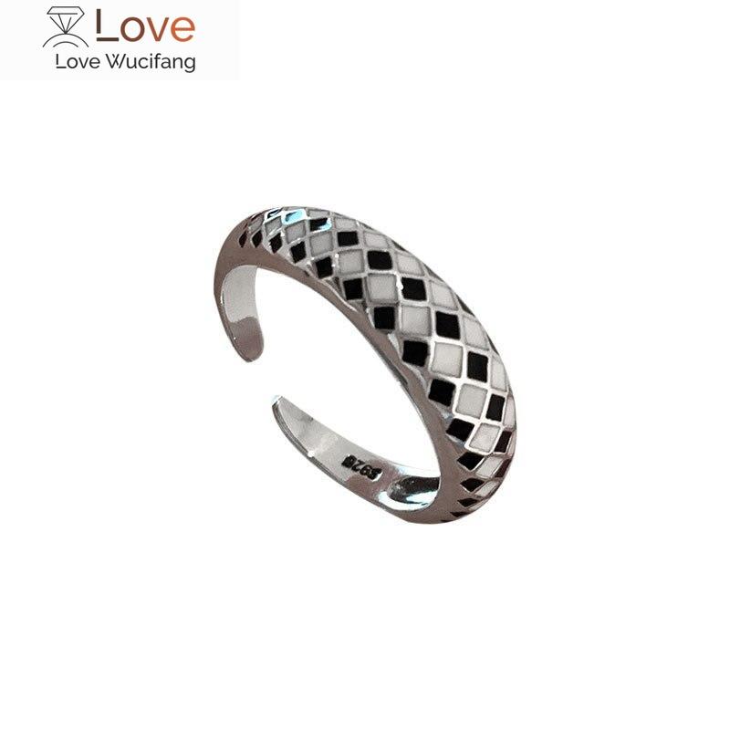 S925 Sterling Silver Checkerboard Ring Female Niche Design Light Luxury Fashion Personality  New High -Level Sense
