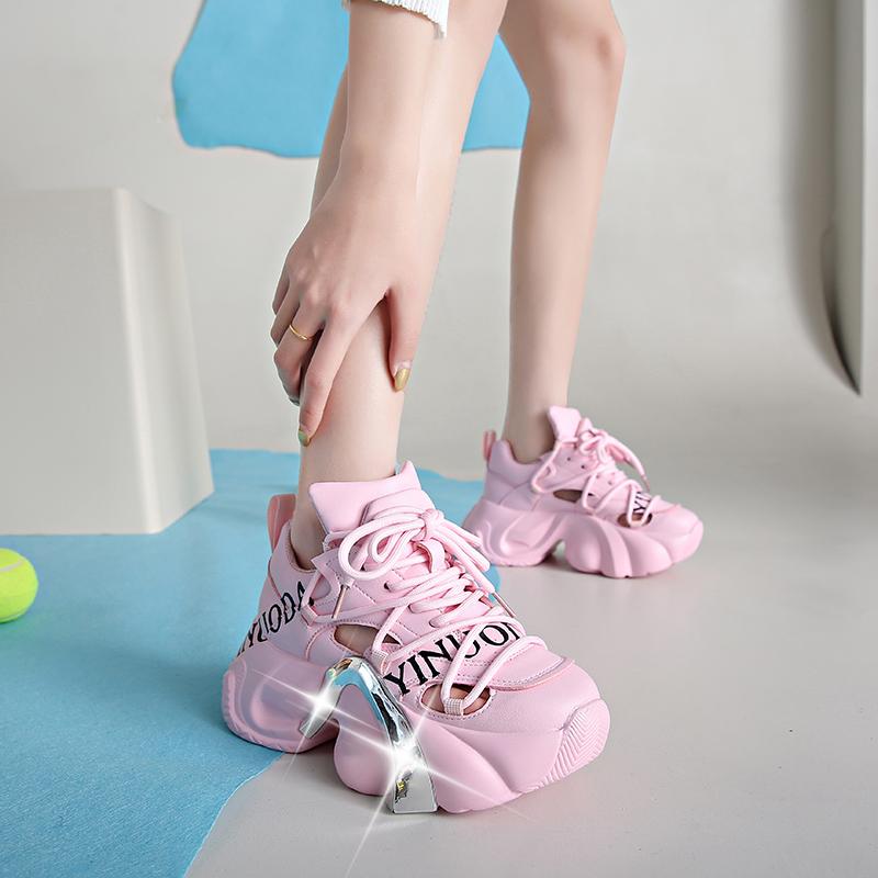 Fashion Summer Shiny Sequins Chunky Platform Sneakers Women Breathable Lace Up Height Increase Shoes Woman Fashion Cute Pink Sneakers