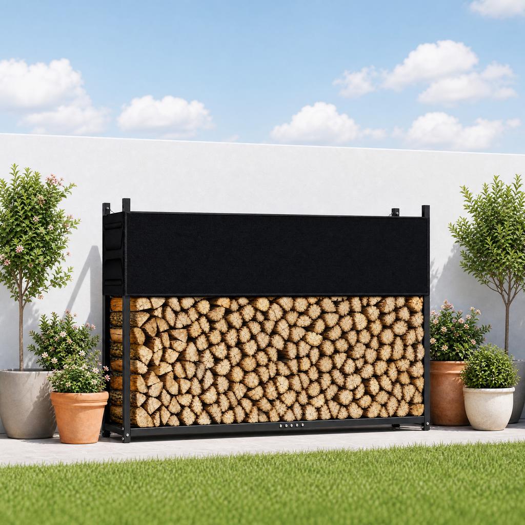 Firewood Rack 202 X 25 X 113 Cm Firewood Rack with 600D Oxford Cover Steel Frame Up To 500 Kg Black