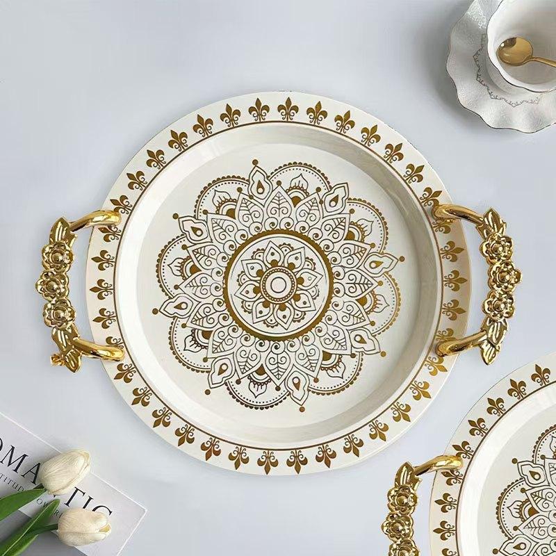 Round Hot Stamping White Tray Scandinavian Light Luxury Fruit Plate Tea Tray High Class Hotel Tray European Plate