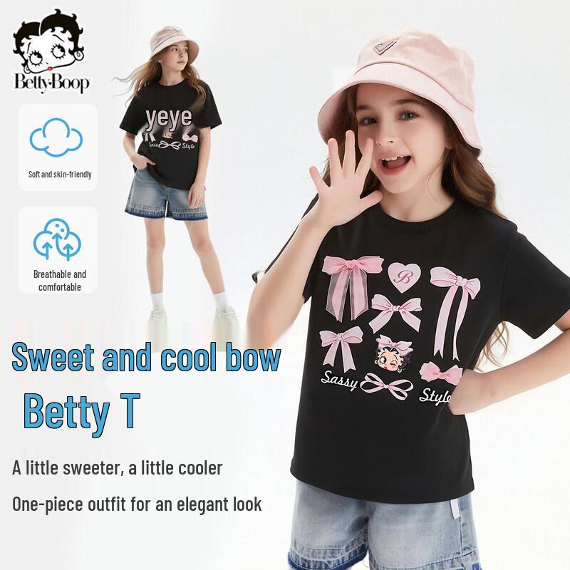 Beity Girl s Sweet Round Neck Short Sleeve T-Shirt 120 cm чёрный