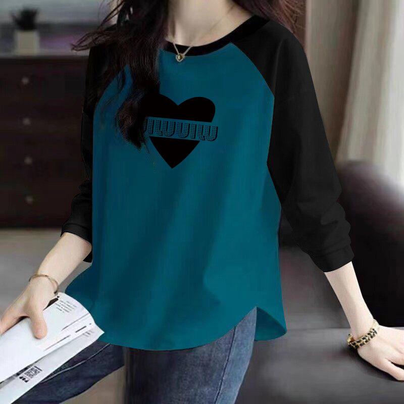 Women's Raglan Sleeve Curved Pullover Top with Back Neck Ribbing - 200g Pure Cotton, Long Sleeve, Printed Design