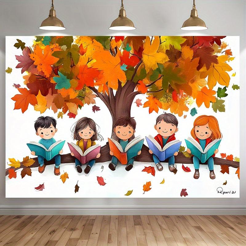 A background for an autumn reading tree party featuring vivid autumn leaves and diverse characters.PMJ