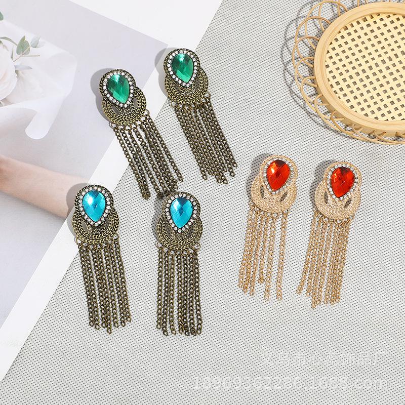 European Retro Long Tassel Rhinestone Drop Earrings, Bohemian Ethnic Style