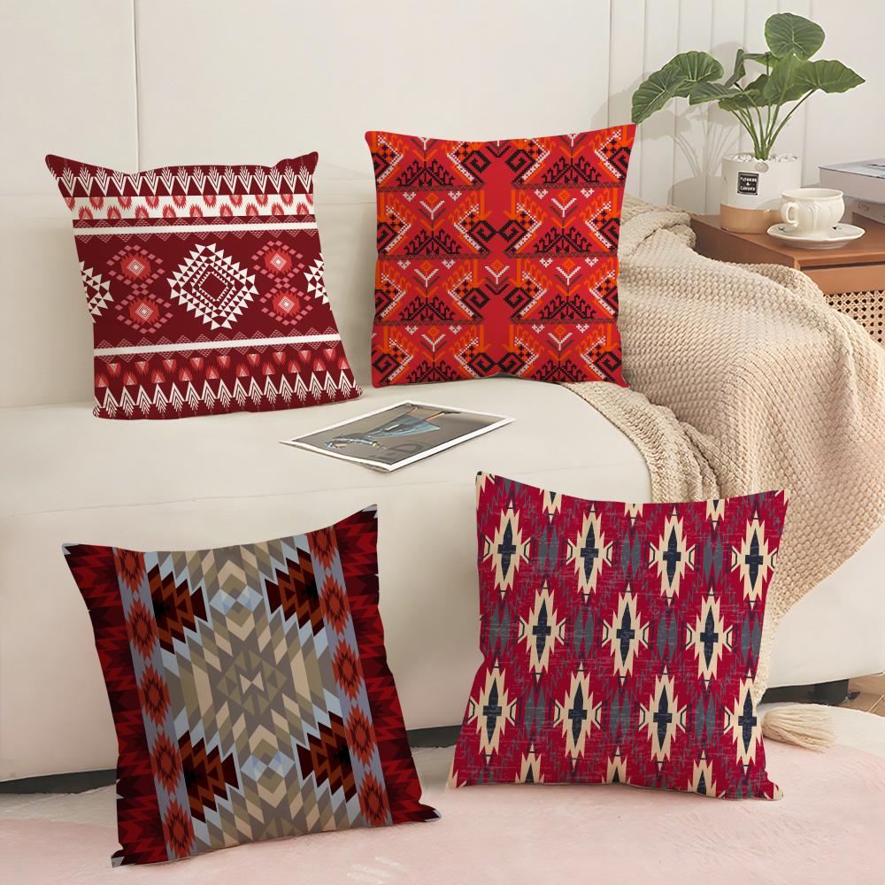 Red Tribal Aztec Kilim Pattern Cushion Cover Soft Short Plush Pillow Cover Smooth Cozy Texture Aesthetic Cushion Case Home Decor