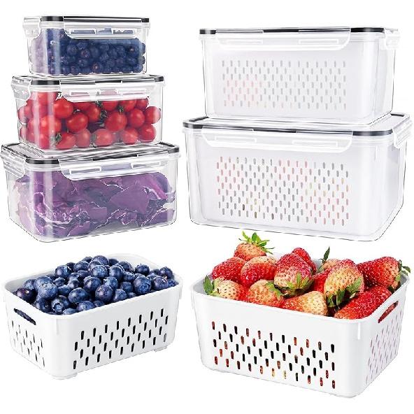 5 PCS Large Fruit Containers for Fridge - Leakproof Food Storage Containers with Removable Colander - Dishwasher & microwave safe Produce Containers wu