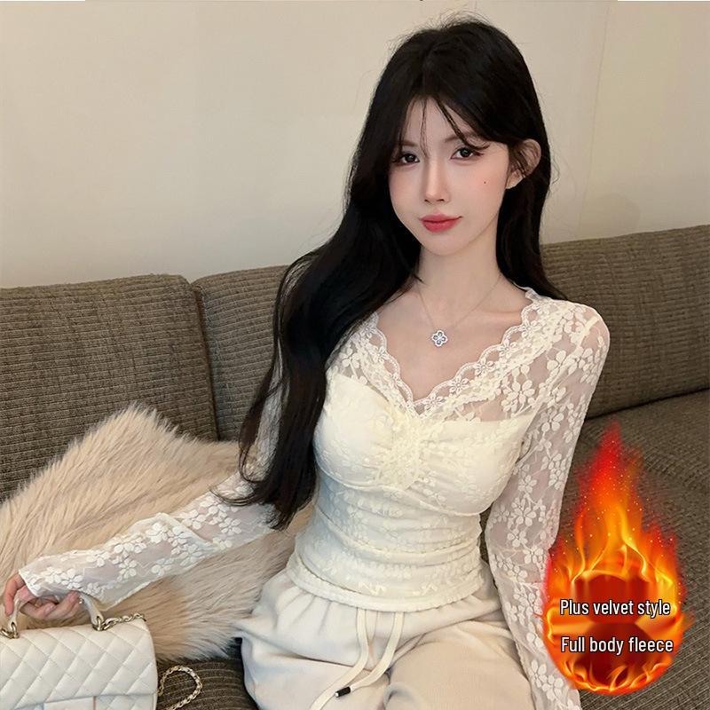 Chic V-Neck Lace Top: Elegant Innerwear & Outerwear for Spring & Autumn