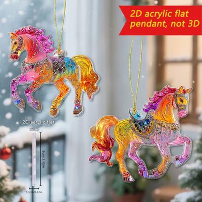 Horse Christmas Ornaments Glitter Rhinestone Horse Christmas Tree Hanging Ornament 2D Flat Acrylic Car Rear View Mirror Charm for Holiday Home Decor