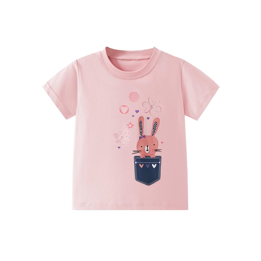 Kids Short Sleeve T-Shirt 2026 Spring Summer Girls Cartoon Rabbit Flower Crew Neck Top Cute Print Cotton Tee