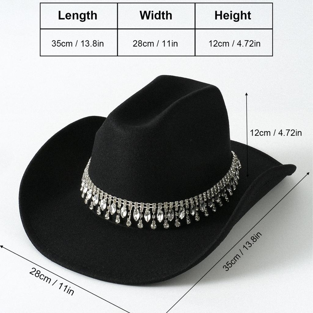 Hot-selling wide metal double-row rhinestones hand-sewn crystal pendant fringed chain top hat western cowboy hat felt hat