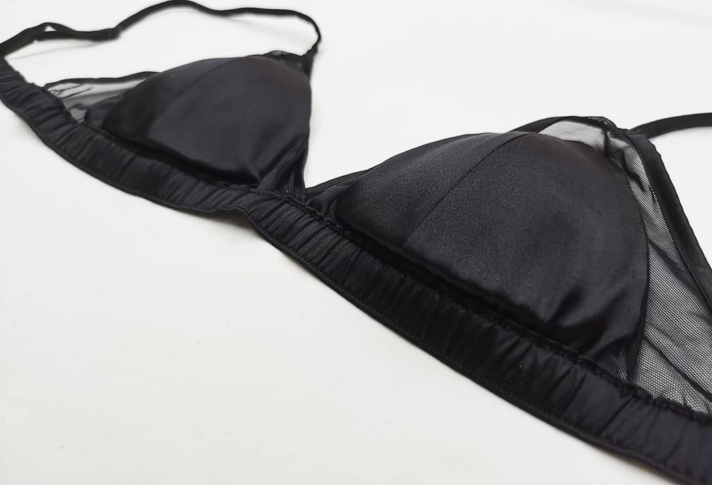 SilRiver Satin Triangle Silk Threadless Mesh Cami Bra with Removable Pads Women's Bra, (Large, Black)