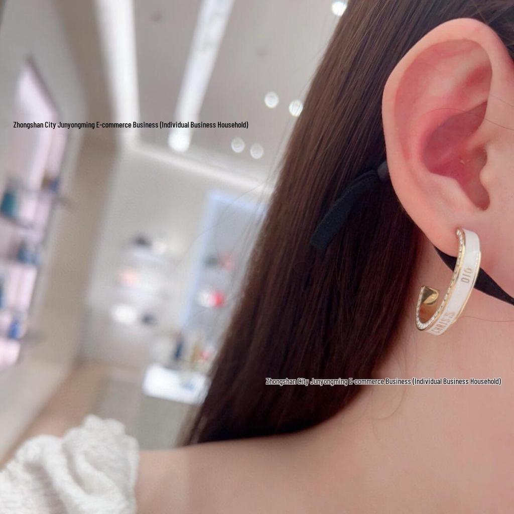 Black & White Enamel Letter-Inlaid Diamond Half-Hoop Earrings for Women