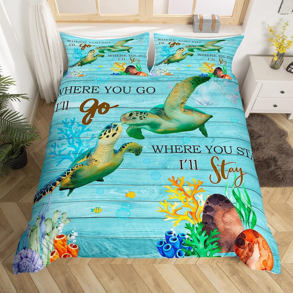 Sea Turtle Duvet Cover Set King Size Watercolor Tortoise Butterfly Comforter Cover for Boys Girly Dreaming Style Bedding Set