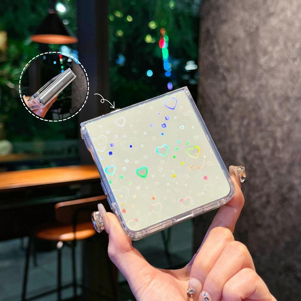 Aurora Glitter Love Heart Transparent Case for Samsung Galaxy Z Flip 7 6  4 3 flip7 zflip Laser Bling Gradient Acrylic Cover