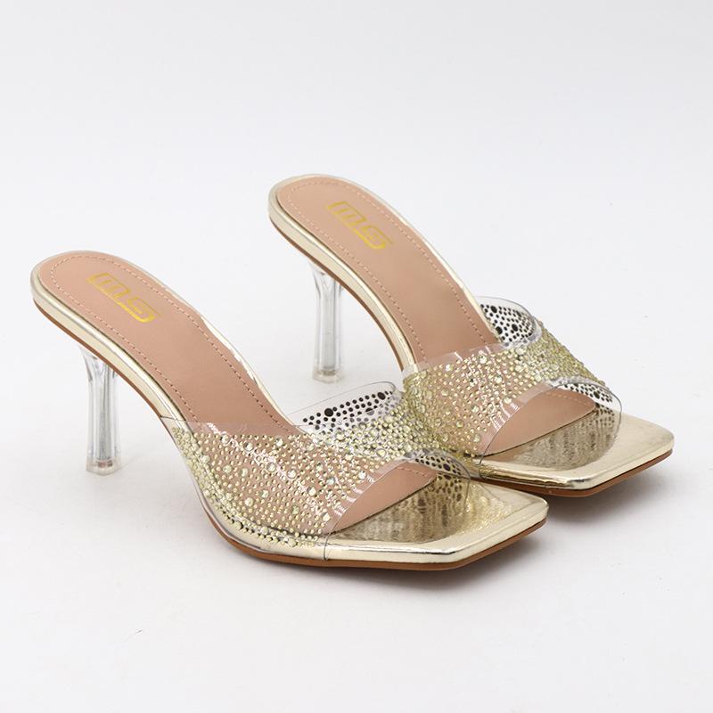 Fashion Shoes Slippers Soft Women Heels Glitter Slides Fashion Low Beige Heeled Sandals Pantofle Comfort High Jelly Summer Luxury Black