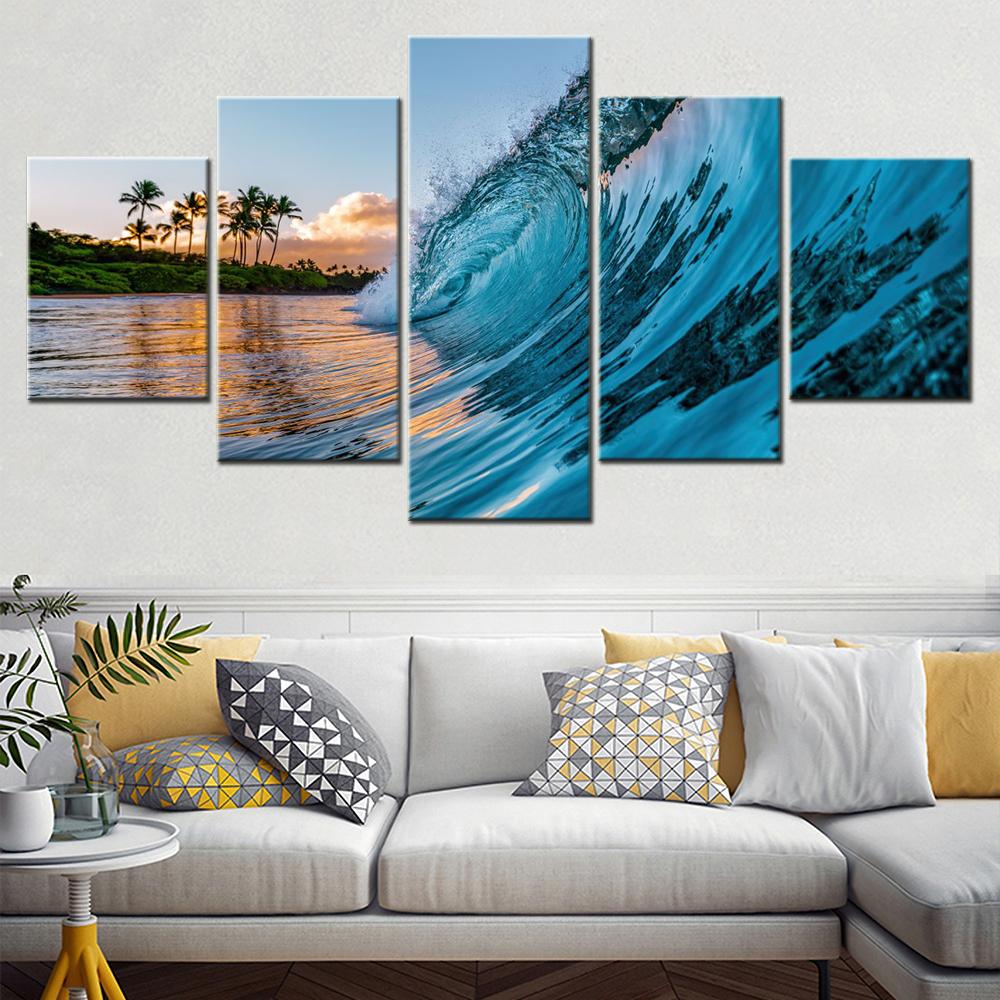 5 Pieces Canvas Artwork Interior Poster Painting Nature Ocean Waves Palm Trees Wallpaper Home Decor Modular Picture Print No Frame