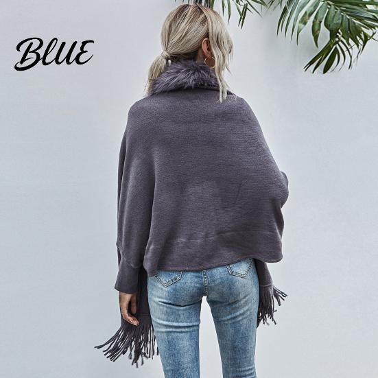 Women Poncho Batwing Long Sleeve Open Stitch Mid-Length Loose Fit Shawl Cardigan Fall Winter Artificial Fur Collar Tassel Hem Knitting Outerwear