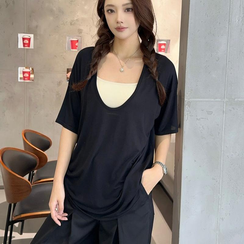 Modal Deep U-Neck Tshirt Summer Loose Short-sleeved T-shirts Simple Thin Tees Casual Tee Tops