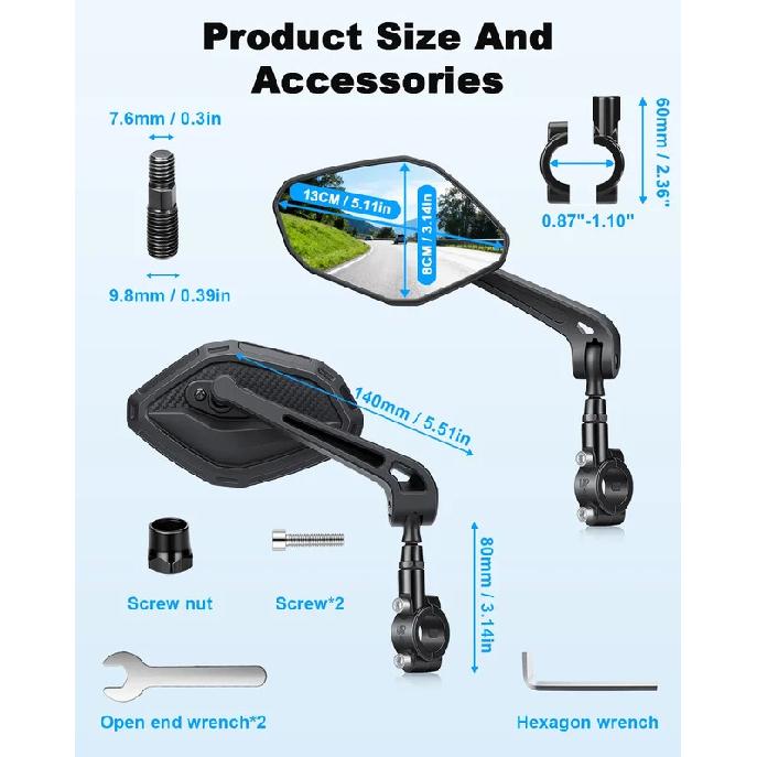Elecpow Bike Rear View Mirror 360° Free Adjustment Rotatable Handlebar Viewmirror High Definition Large Mirror Bike Accessories