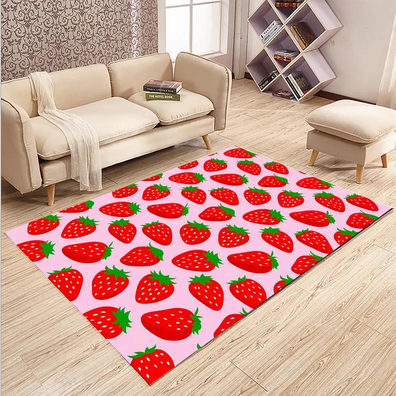 Strawberry Flower Carpet Fruit Sweet Print Home Decoration Floormat Pink Checkerboard Non-Slip Girl's Room Bedside Rug