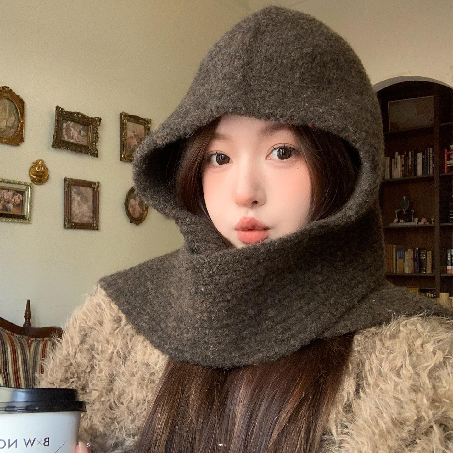 

Gray Thickened Hat Scarf All In One Warm Knitted Hat Women s Autumn and Winter Ear Protection Balaclava Woolen Hat M（56-58cm）