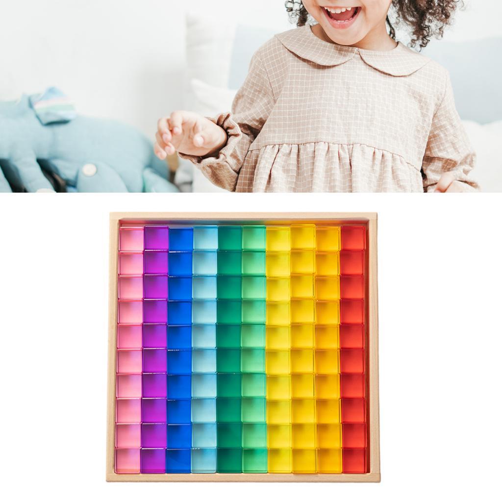 100 Pieces Rainbow Building Blocks Acrylic Gemstone Cubes Stacking Game Toy with Wooden Storage Box