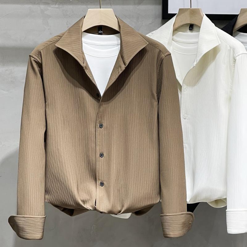Men's Khaki Vertical Striped Long Sleeve Shirt Casual Oversized Streetwear Top