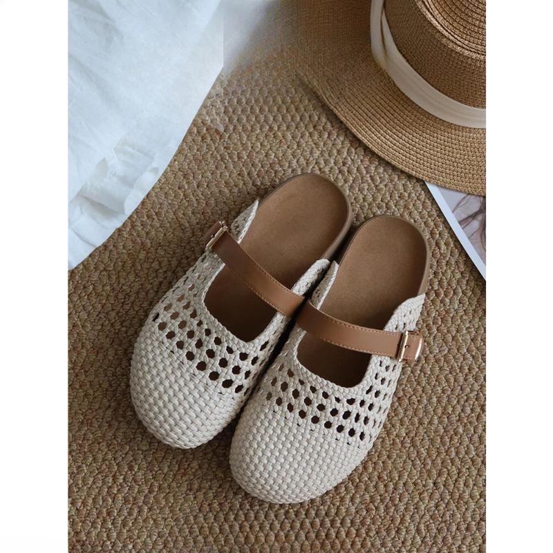 Retro Shoes Woven Toe Caps Half-slipper Women's Perforated Breathable Sandals