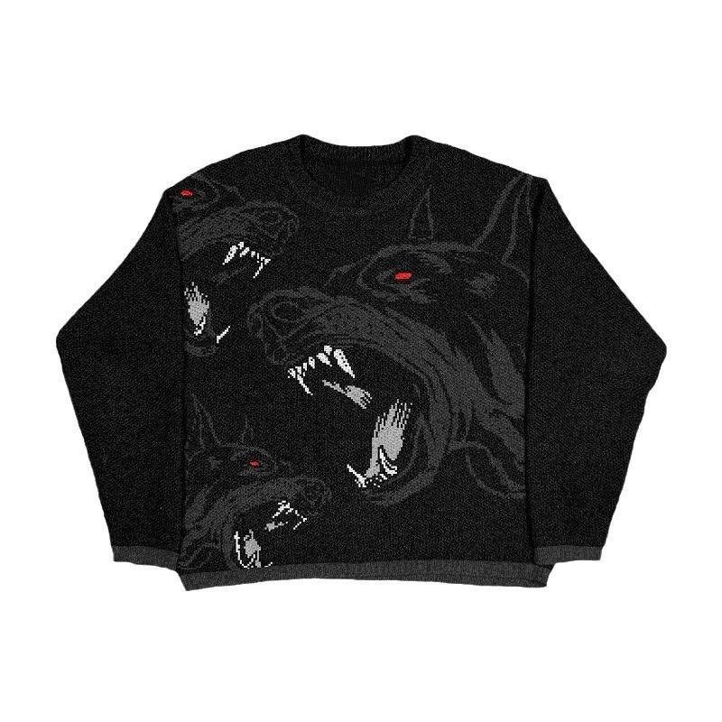 Winter Gothic Print Knit Sweater Unisex Loose Fit Long Sleeve Round Neck Streetwear