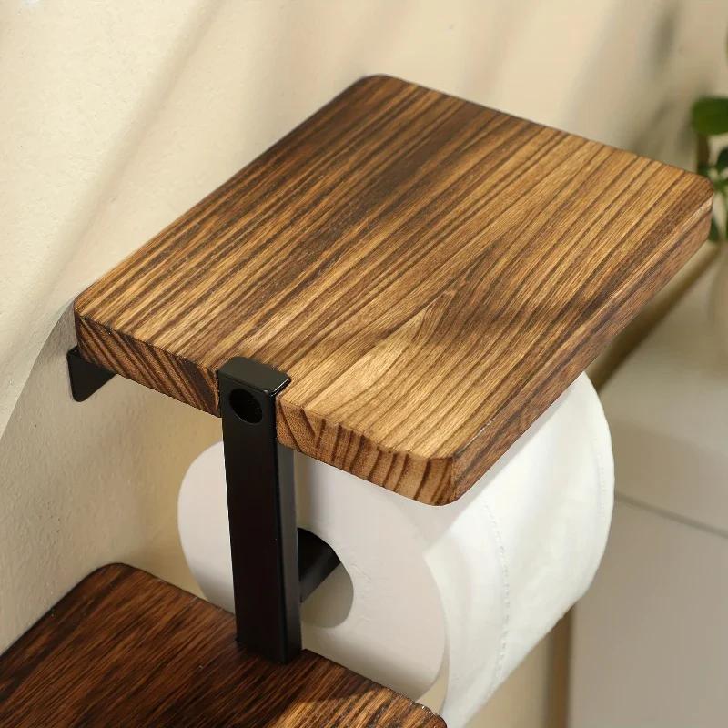 Wooden Wall Mounted Toilet Paper Holder High Load-bearing Space Saving Bathroom Wall Mounted Shelf Stable Countertop Organizer