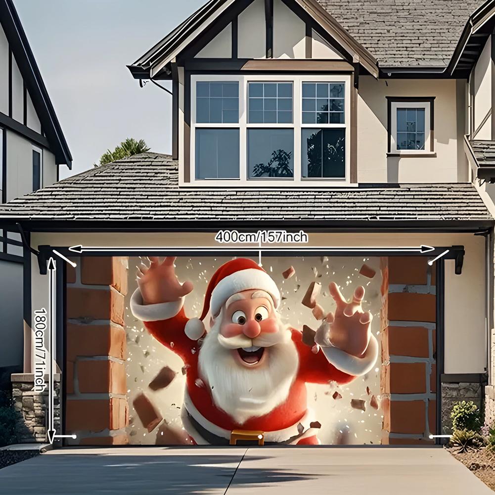 Christmas Background Cloth Santa Claus Breaking Open Paper Garage Door Banner For Living Room Entrance Corridor Window Clings