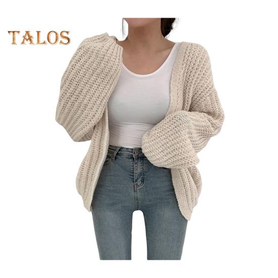 

Женский свитер, пальто с V-образным вырезом, фонарь, длинный рукав, ажурная вязка, пальто, однотонный повседневный трикотаж, повседневная одежда бежевый