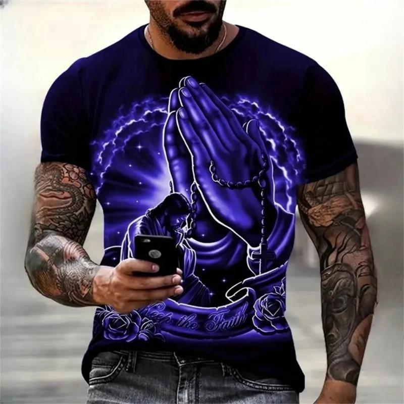 Christianity Pray T-Shirts Fashion 3D Jesus Print T Shirt for Men Casual O-Neck Oversized Short Sleeve Tops New Vintage Clothes