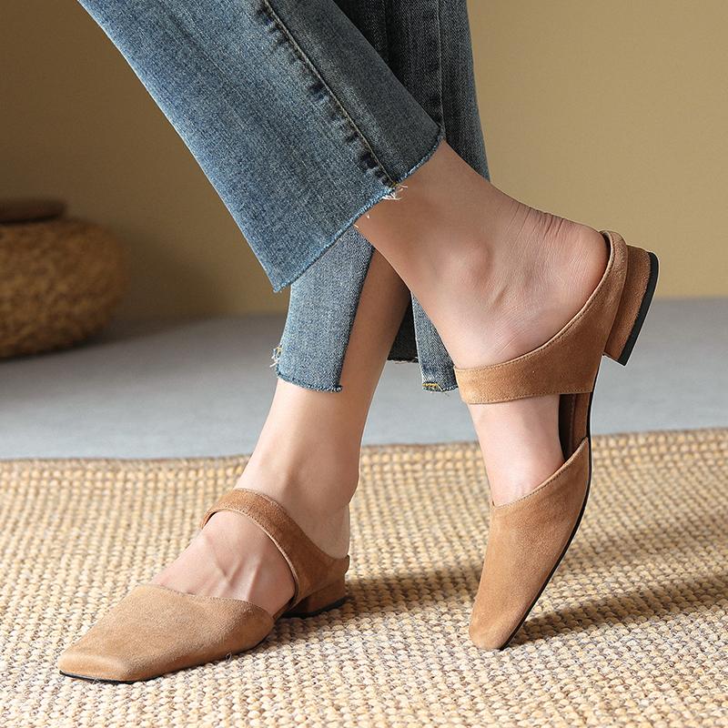 Fashion 2025 New Summer Women Shoes Sheepskin Shoes for Women Simple Bow Women Slippers Low Heels Square Toe Slippers Mules Handmade
