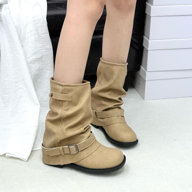 

Autumn Maillard retro style round head inner heightening stack boots thick-soled medium tube pleated trouser tube boots women 35 хаки
