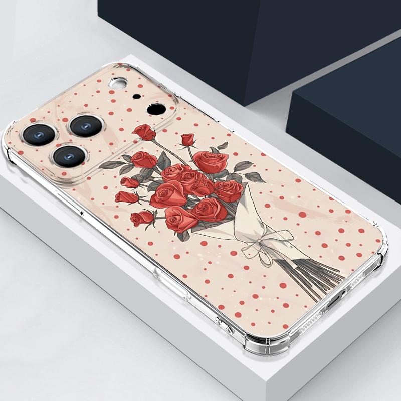 Scarlet Red Rose Flower Pattern Case For iPhone 17 Pro Max Coque iPhone 16 15 14 13 Pro Max 11 Shockproof Clear Soft Silicone Cover