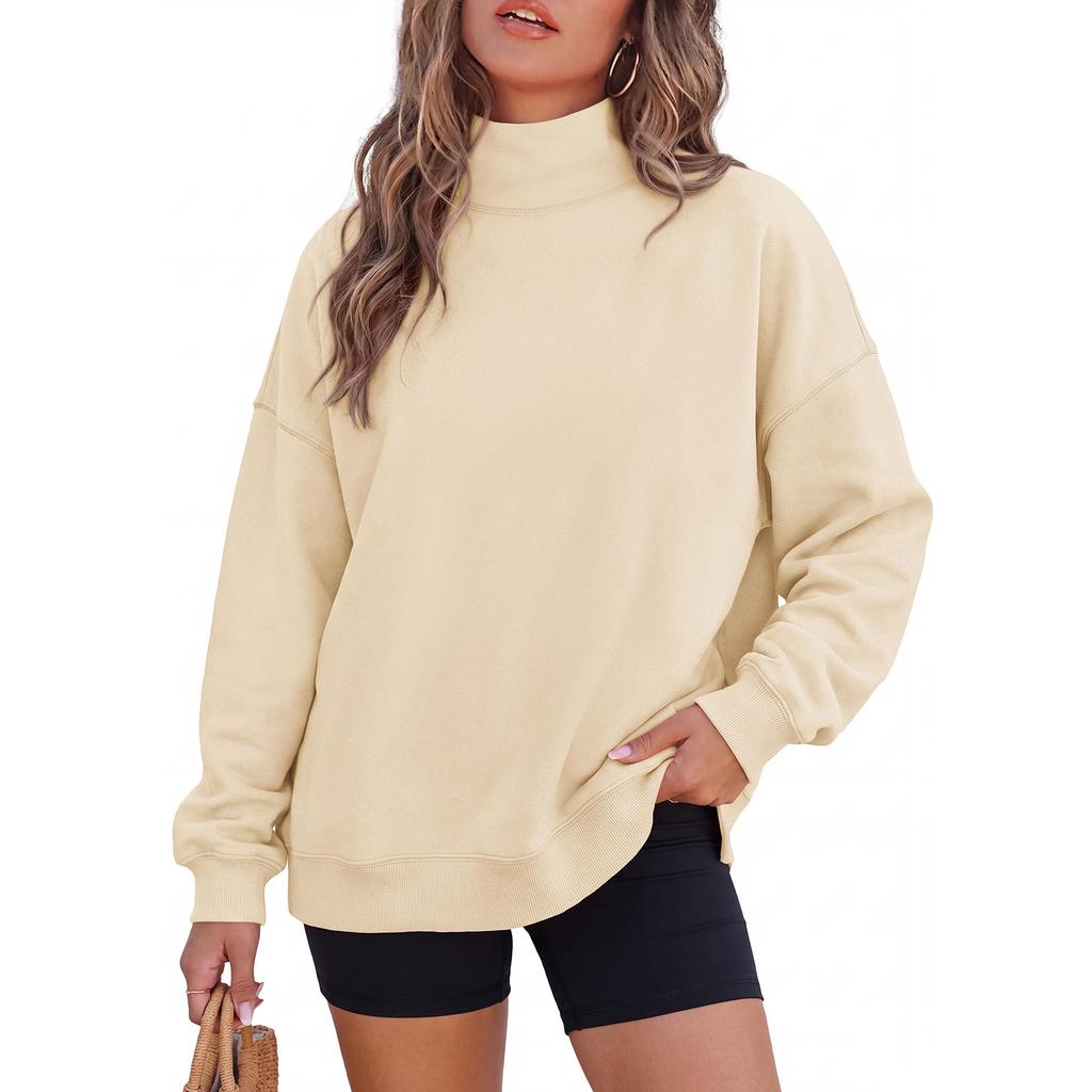 Modischer High-Neck-Hoodie für Damen, locker geschnitten, mit tief angesetzten Schultern, geschlitztem Saum und Taschen
