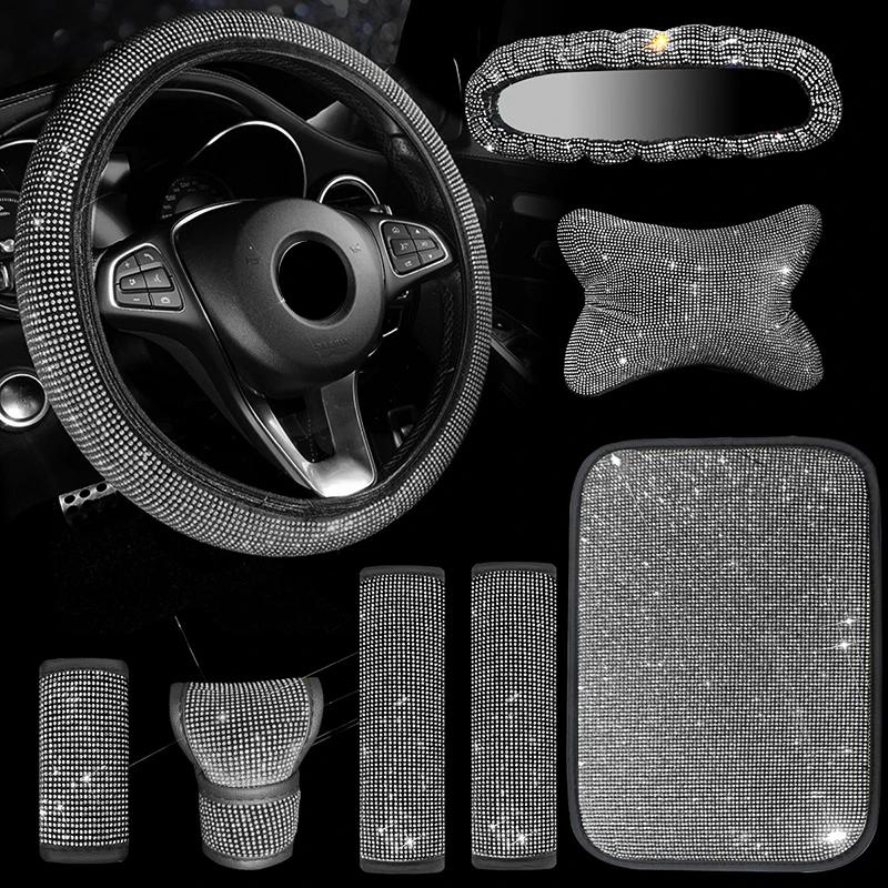 8Pcs Women Car Steering Wheel Cover Armrest Mat Seat Belt Gear Shift Pull Rearview Mirror Cover Headrest Car Accessories Set