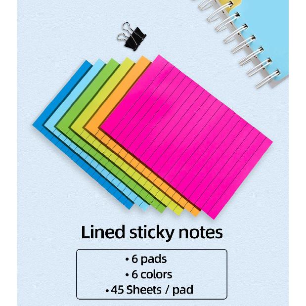 6 Pads Lined Sticky Notes Post,4x6 Inches,Super Stick it ,Bright Color ,45 Sheets/Pads, Self-Adhesive memo for School , Office & Home, Multicolor