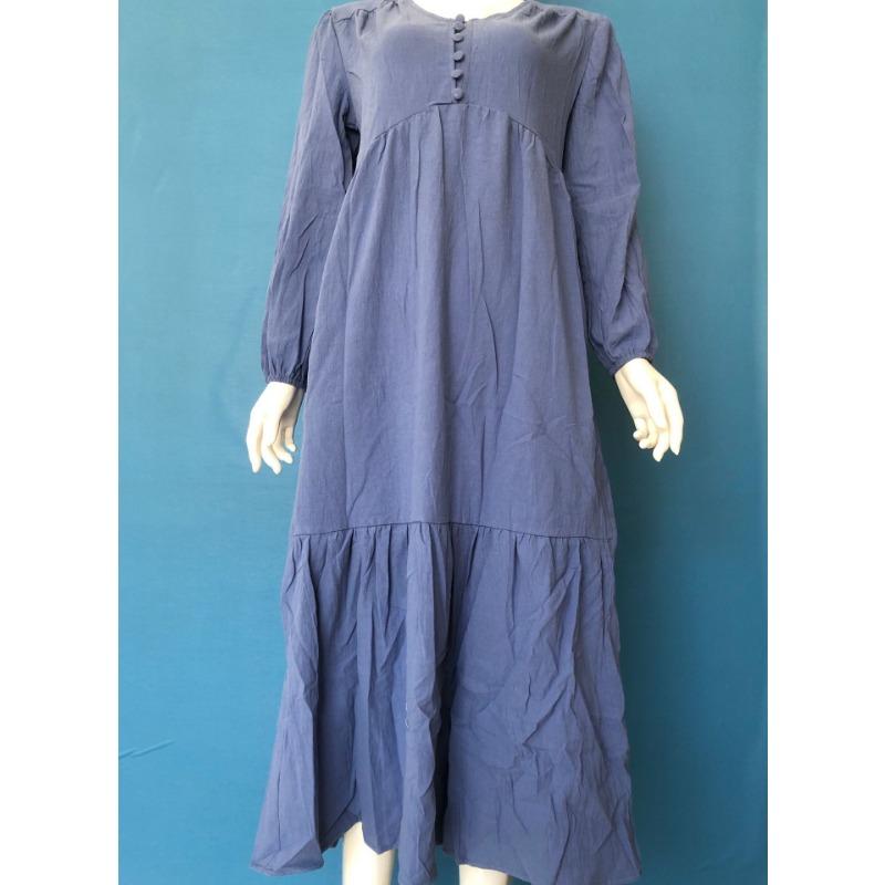 Damen Button Baumwolle Leinen Retro Lässig Langarm Kleid