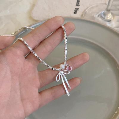 Pink Color Zircon Bowknot Heart Simulated Pearl Pendant Luxury Necklaces for Women Shiny Silver Water Wave Chain Choker Jewelry