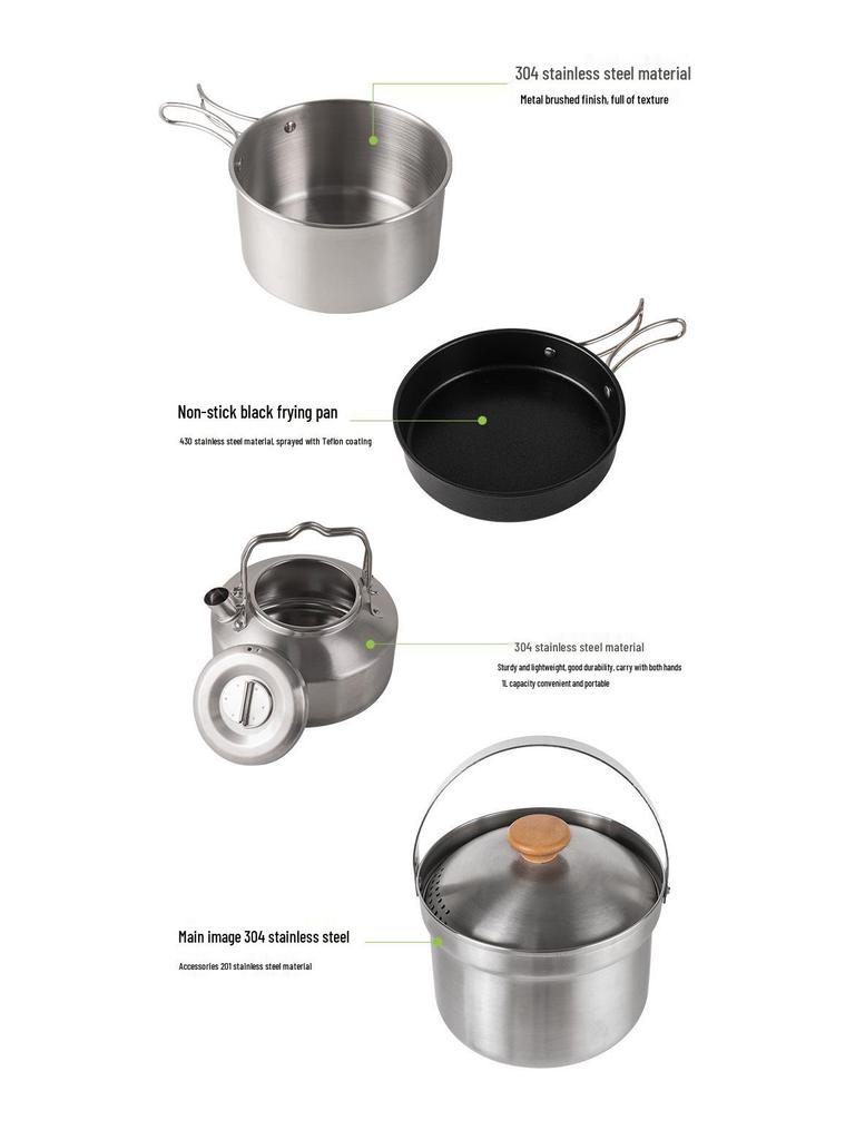 CLS Outdoor 4-teiliges Camping-Kochgeschirrset aus Edelstahl mit Antihaft-Bratpfanne und Suppentopf.