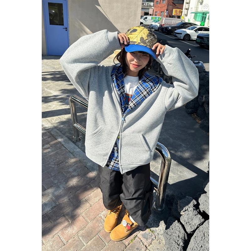 

2024 Autumn/Winter Plaid Patchwork Faux Two-Piece Couple Hooded Cardigan Sweatshirt Medium серый