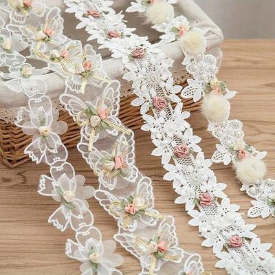 DIY Handgemaakte Kant Applicatie Naaien Ambacht met Geborduurde Stof Bruiloftsdecoratie 3D Witte Bloem Vlinder Kant Zijde
